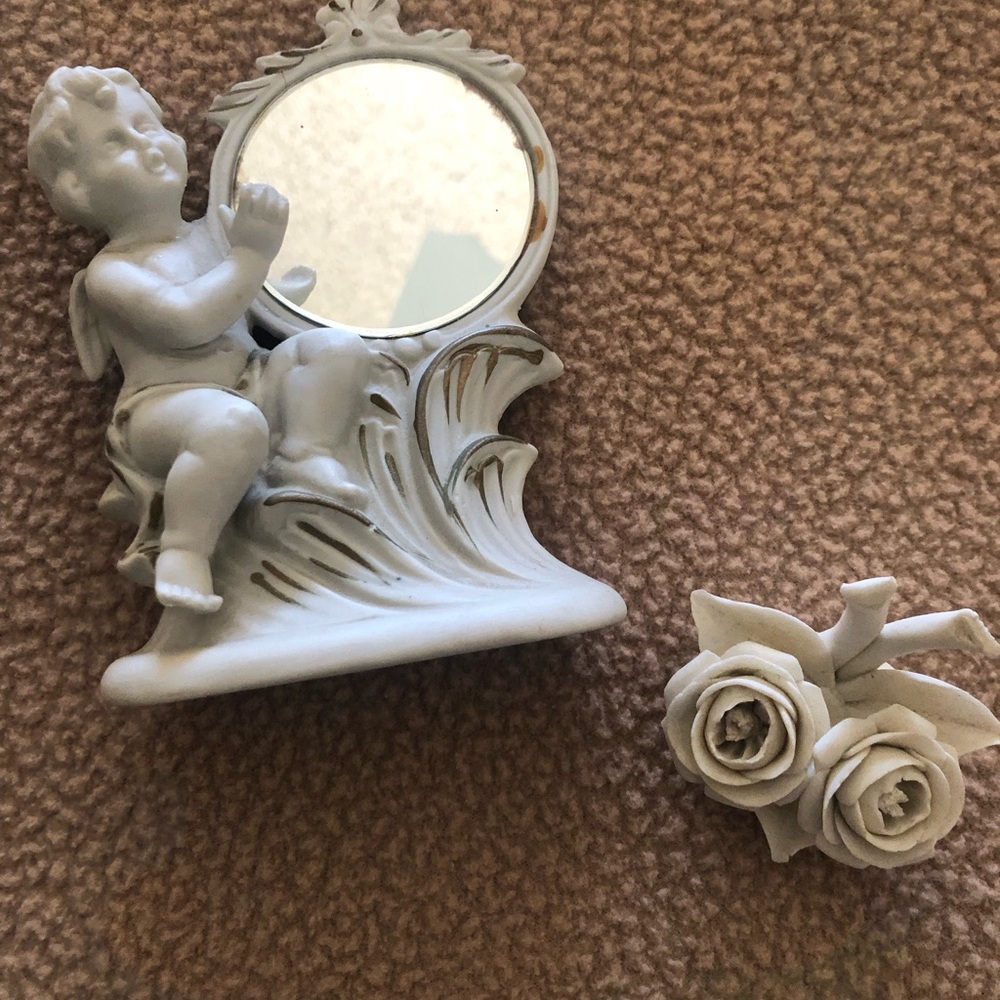 White Cherub Accent Mirror with Floral Motif  And Bisque Two White Roses